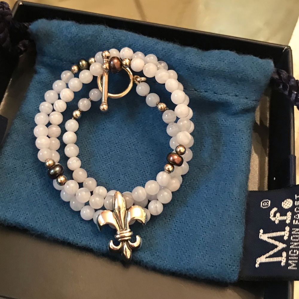 Mignon Faget sterling silver Fleur de Lis Necklace with blue beads and pearls